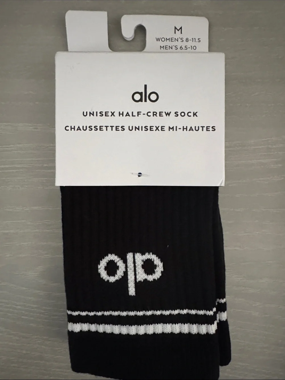 ALO Yoga Black Half-Crew Athletic Socks with White Logo and Twin Stripes